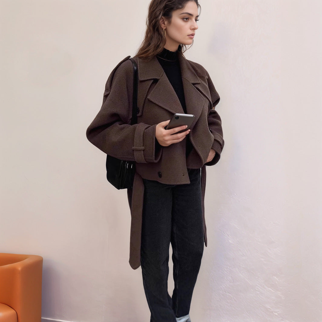 Women Short Wool Coat with Oversized Collar, Double-Breasted Button Placket and Tie Belt Chichicherry