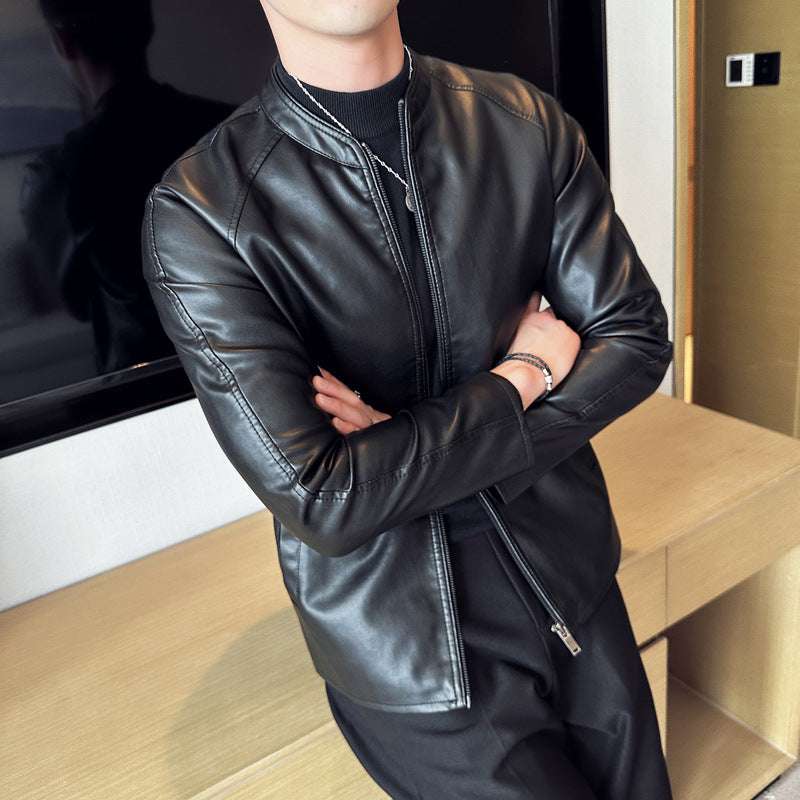 Men Slim Faux Leather Blouson with Stand-Up Collar and Concealed Zip Chichicherry