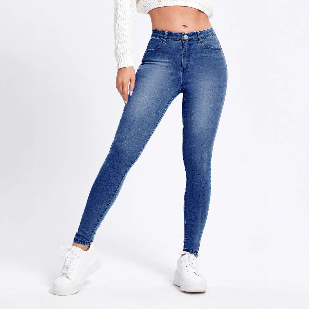 Women High-Cut Elastic Skinny Jeans with High Waist and Slim Fit Chichicherry