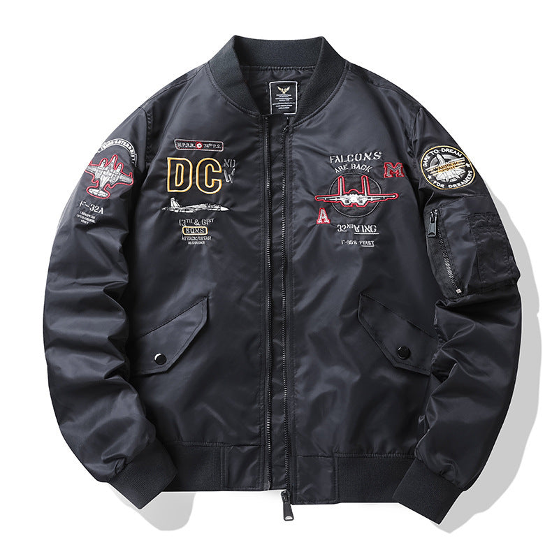 Men's pilot bomber jacket in vintage military style with embroidered flight patches and water-repellent nylon surface Chichicherry