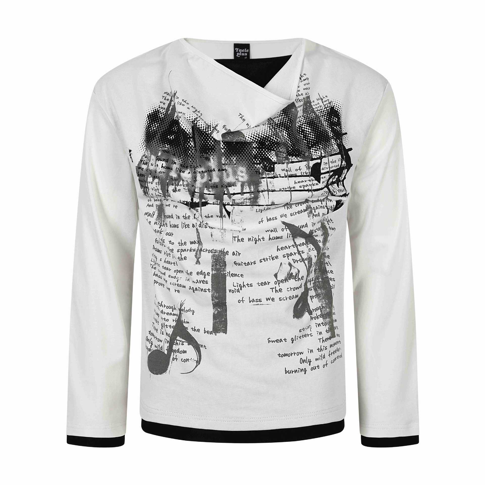 Women's long sleeve shirt with asymmetric tube collar and graphic music print Chichicherry