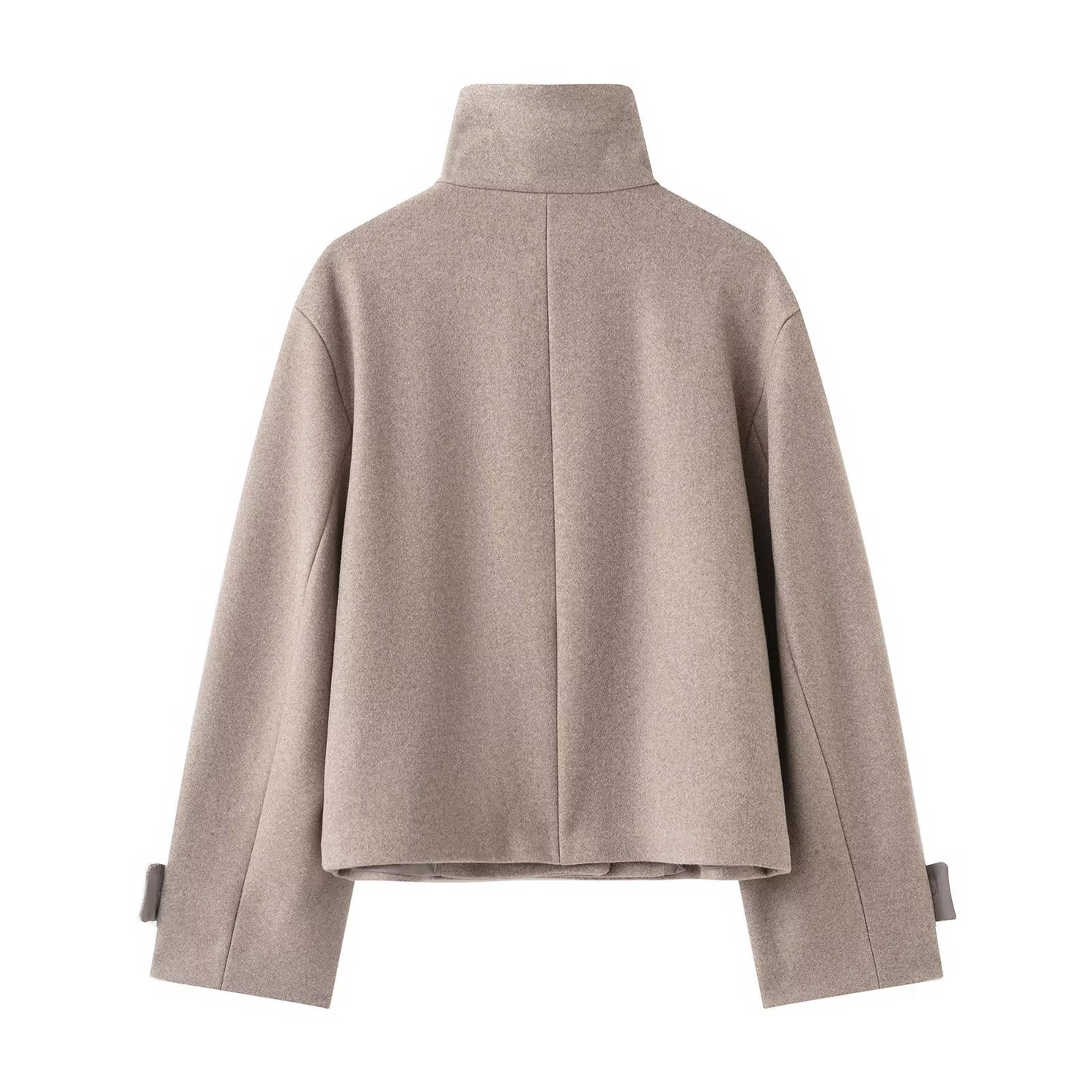 Women's Cropped Wool Blend Short Jacket with High Stand Collar, Asymmetric Button Placket and Cuffed Sleeves Chichicherry