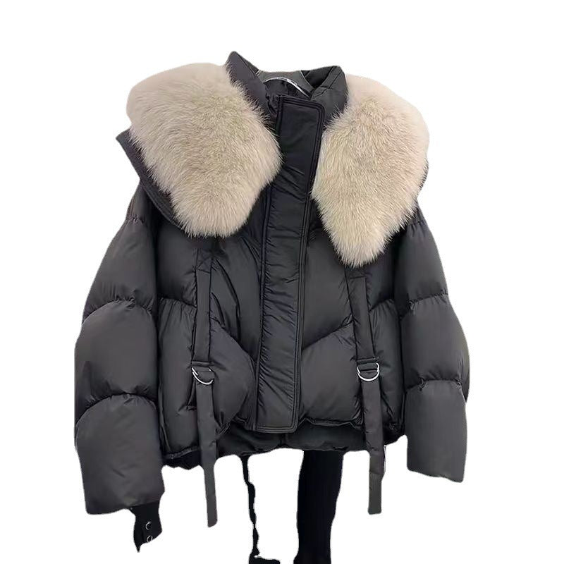 Ladies nano short thermo puffer jacket with detachable faux fur collar, high closing stand-up collar, and drawstring hem Chichicherry