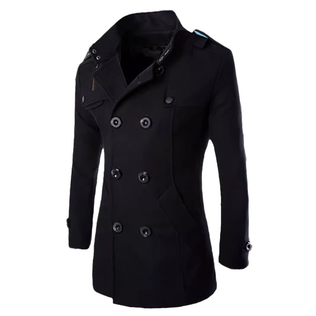 Men's Double-Breasted Peacoat with Stand Collar, Shoulder Straps, and Tailored Silhouette Chichicherry