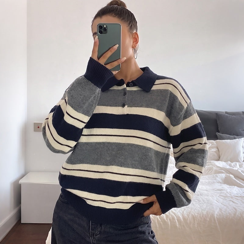 Women’s Oversize Polo Collar Knit Sweater with Striped Pattern and Raglan Sleeves Chichicherry