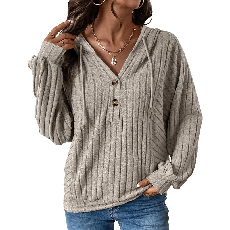 Women's Ribbed Hoodie with Henley Button Placket and Slightly Cropped Fit Chichicherry