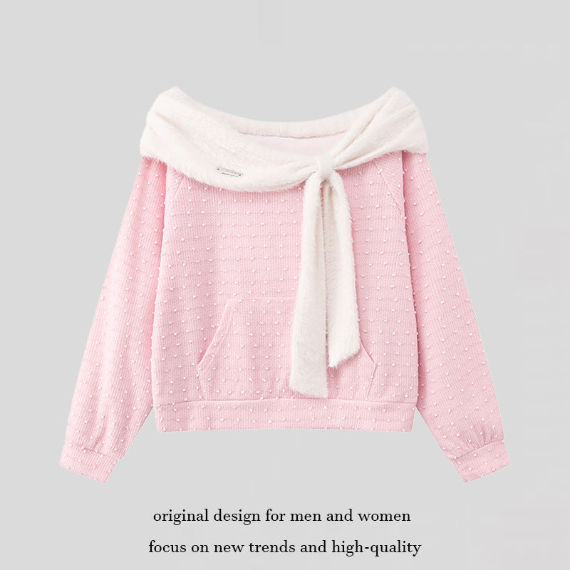 Women's Cozy Knitted Sweater with Large Faux Fur Shawl Collar and Kangaroo Pocket Chichicherry