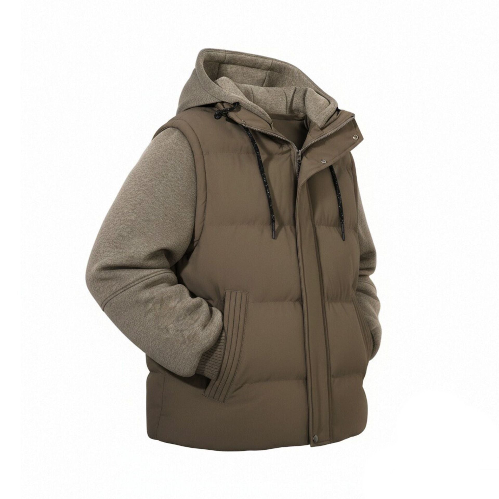 Men's Padded Hybrid Hooded Vest with Sweat Sleeves and Quilted Body Chichicherry