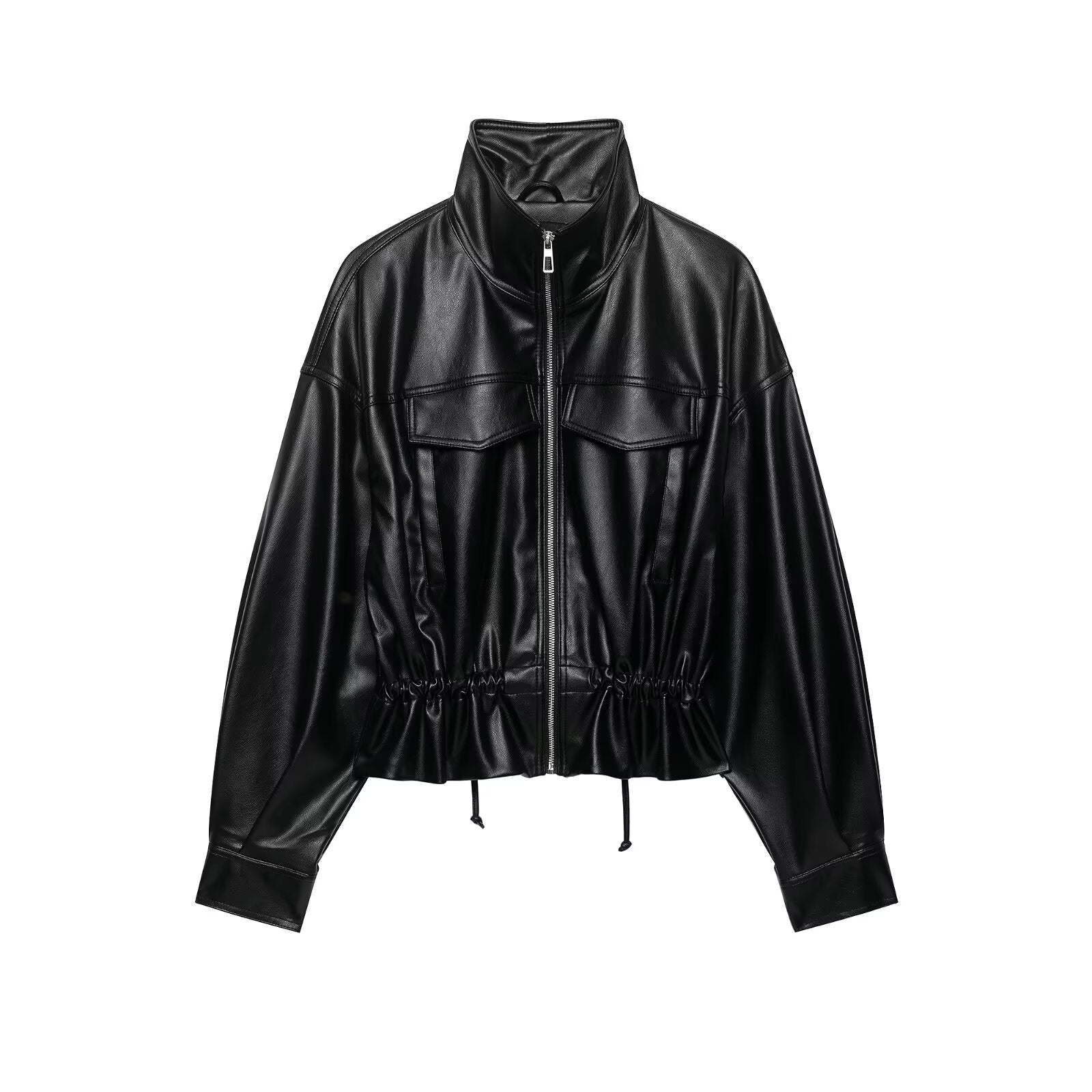 Women's cropped faux leather bomber jacket with drawstring waist Chichicherry