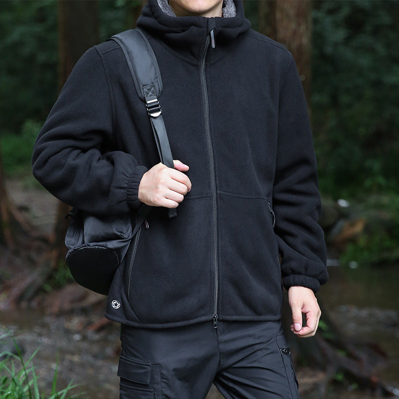 Men's fleece hooded jacket for outdoor with thermal lining, windproof surface and zip pockets Chichicherry
