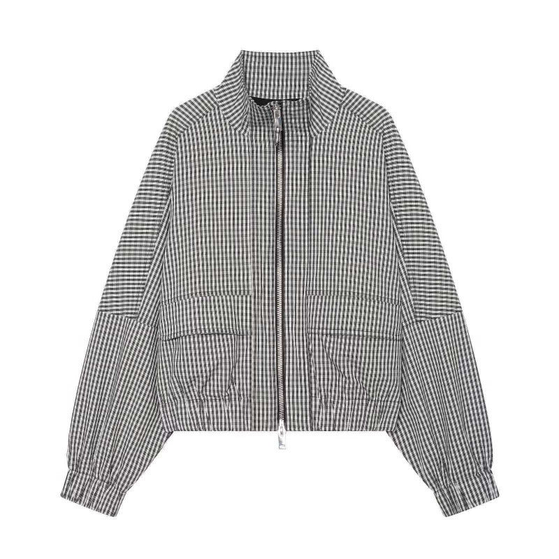 Women Cropped Boxy Jacket in Vichy Check with Stand Collar and Two-Way Zipper Chichicherry