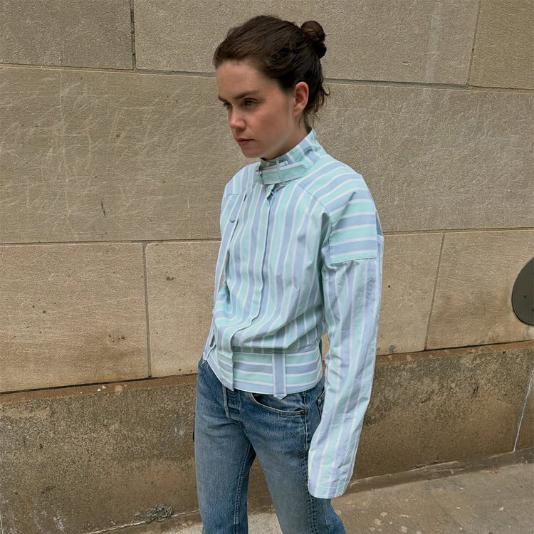 Women's Structured Blouse with Stand Collar, Waist Belt and Vertical Stripe Design Chichicherry