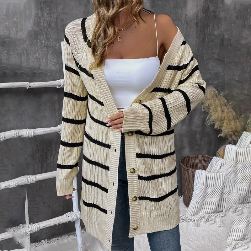 Women Long Oversize Cardigan with Ribbed Texture, Horizontal Stripes and Decorative Button Placket Chichicherry