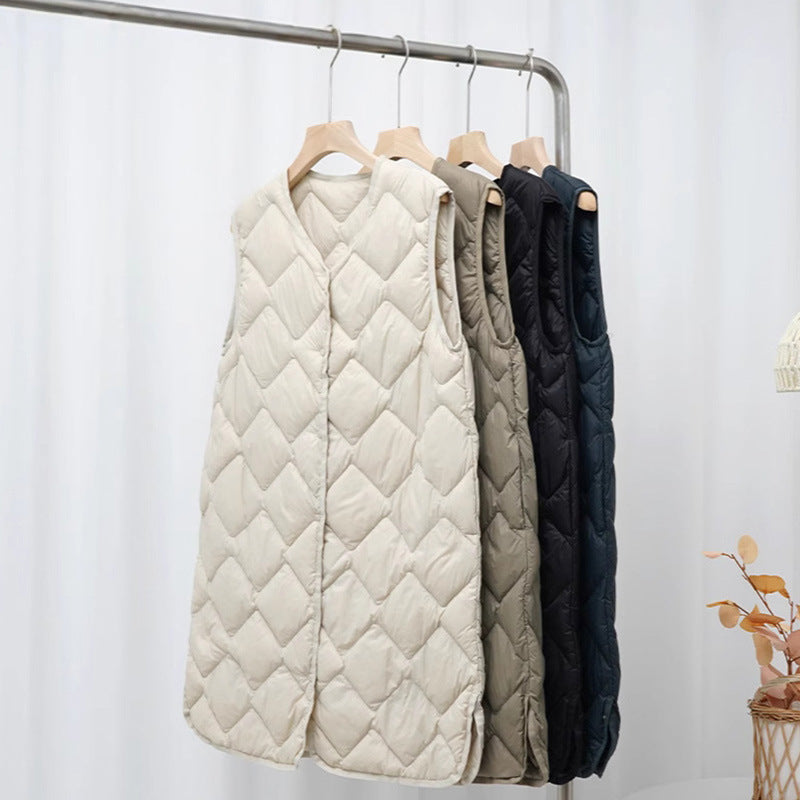 Women's Long Quilted Vest with V-Neck and Diamond Quilting Chichicherry