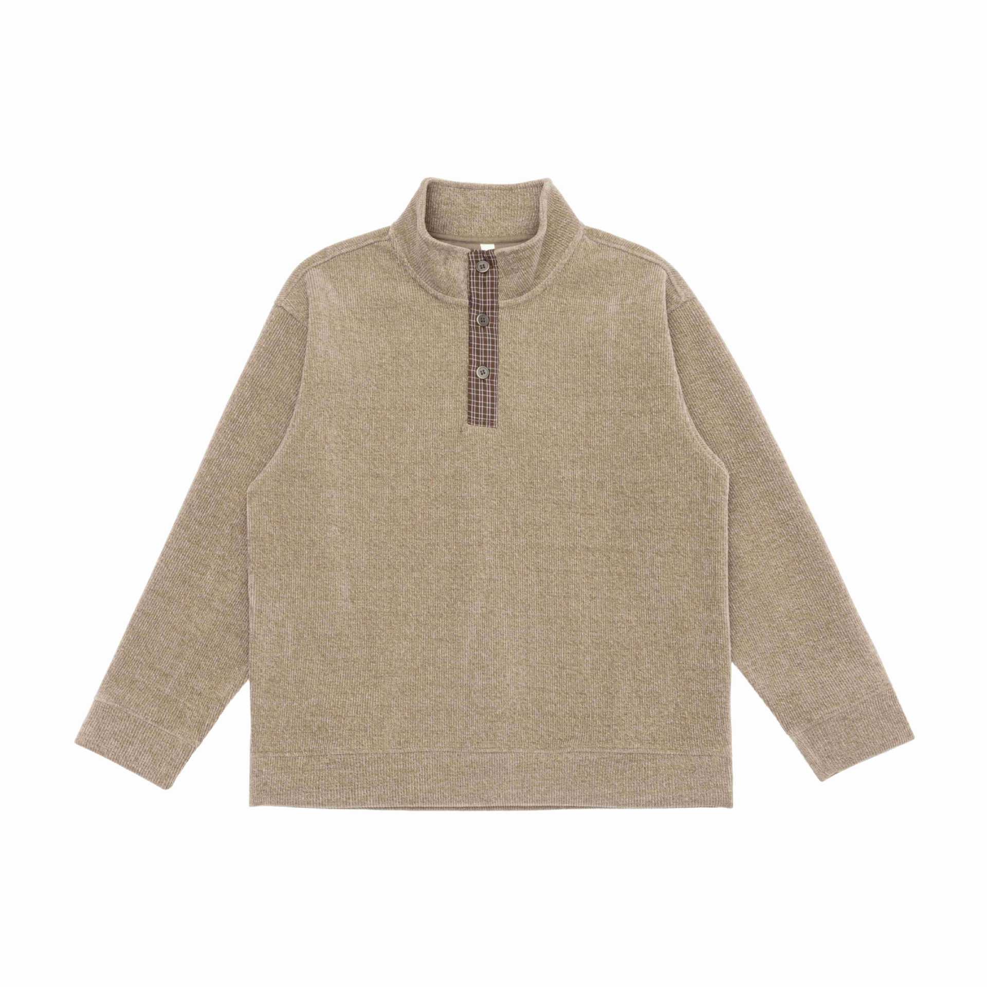 Unisex Fine Structure Half-Zip Sweater with Stand Collar and Checked Button Placket Chichicherry