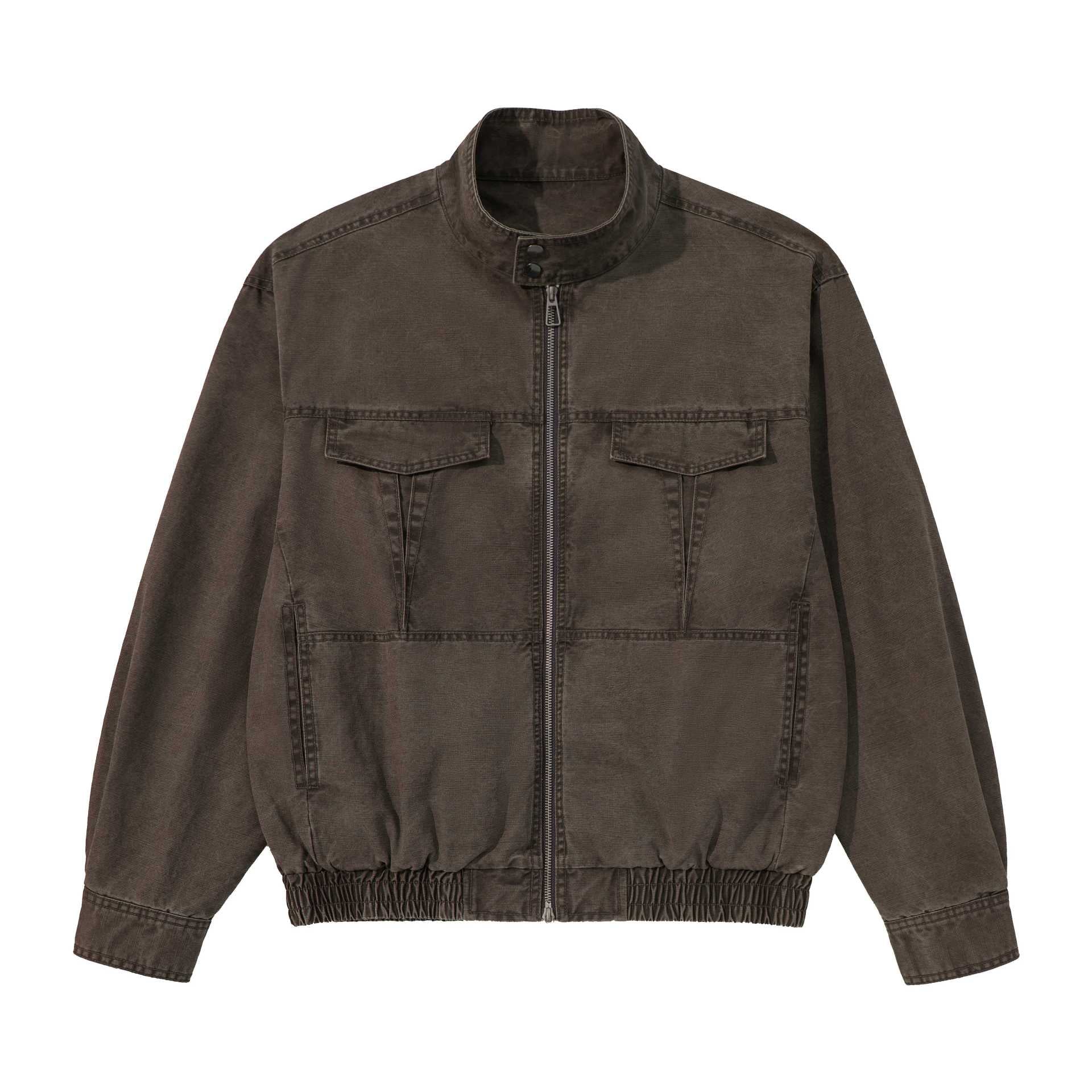 Men's short-cut utility jacket with high stand-up collar, zipper, and elastic hem Chichicherry