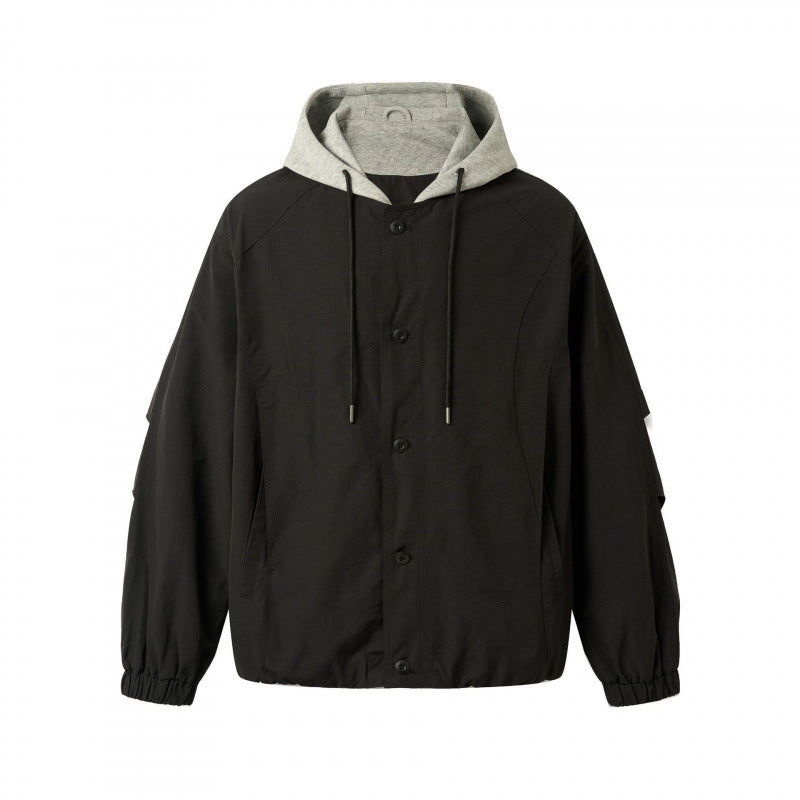 Unisex Oversized Hoodie Jacket in Layering Look with Contrasting Hood, Snap Button Placket, and Elastic Hem Chichicherry