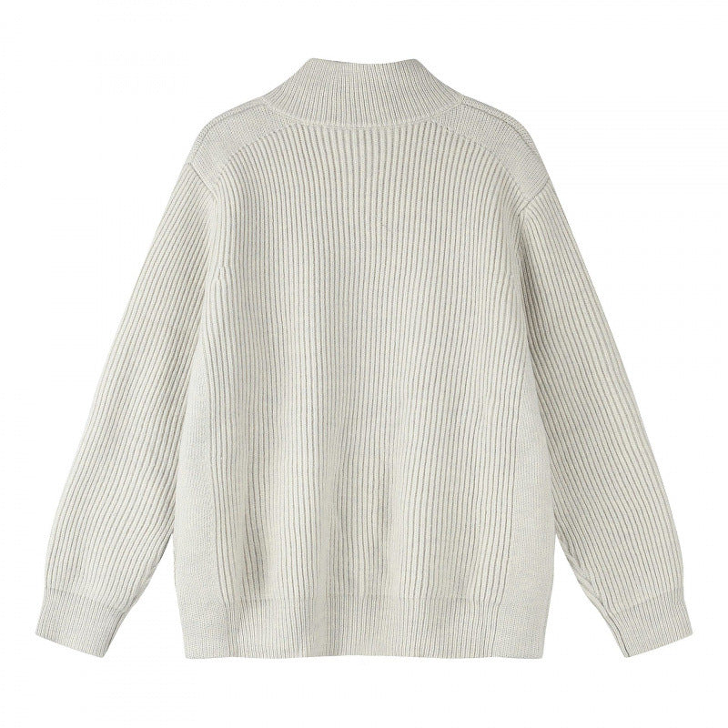 Unisex Chunky Knit Zip-Up Knit Cardigan with Stand-Up Collar and Ribbed Structure Chichicherry