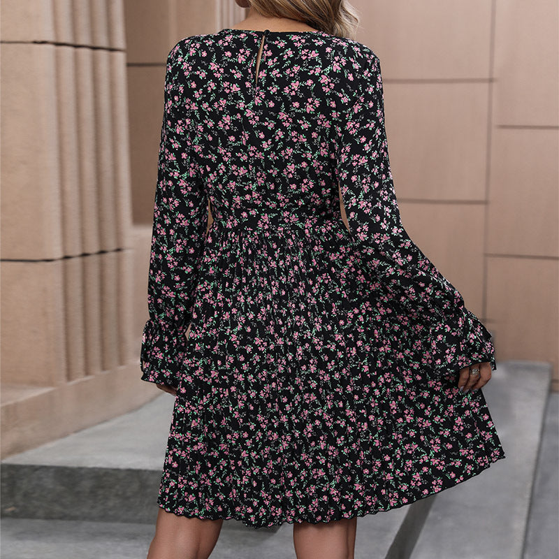 Women's Floral Skater Dress with Ruffled Waist Tie and Long Flared Sleeves Chichicherry