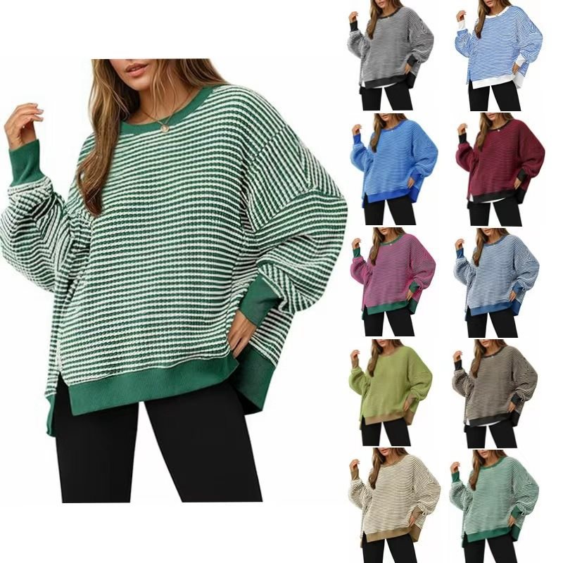 Women Striped Oversize Sweater with Round Neck and Side Slits Chichicherry