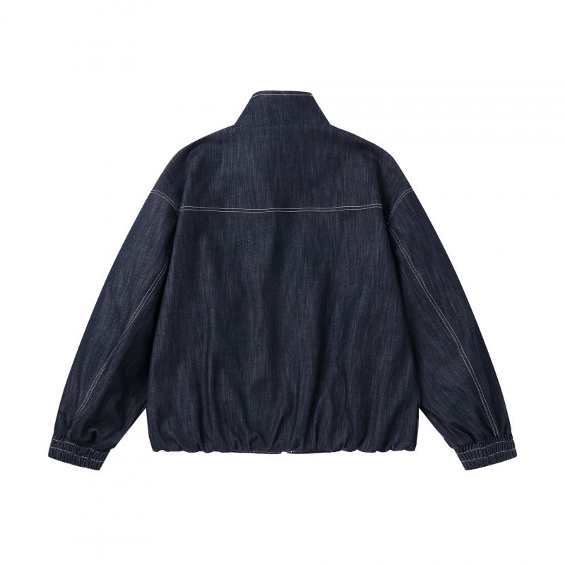 Unisex Boxy Jeans Bomber Jacket with Stand Collar, Zipper and Elastic Hem Chichicherry