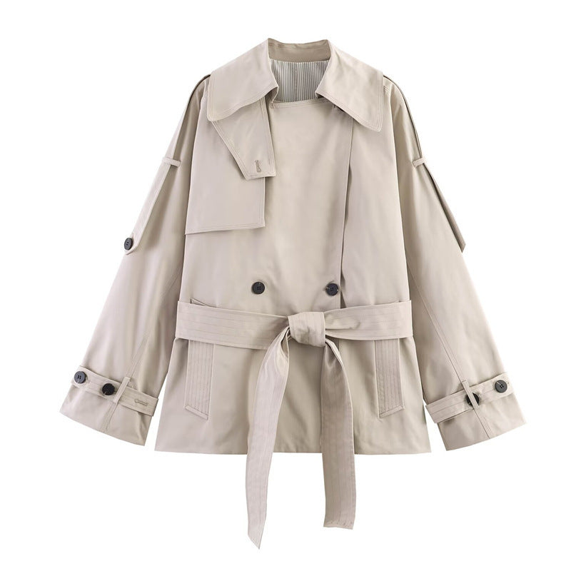 Women's short cut oversized trench coat with belt and double-breasted button placket Chichicherry