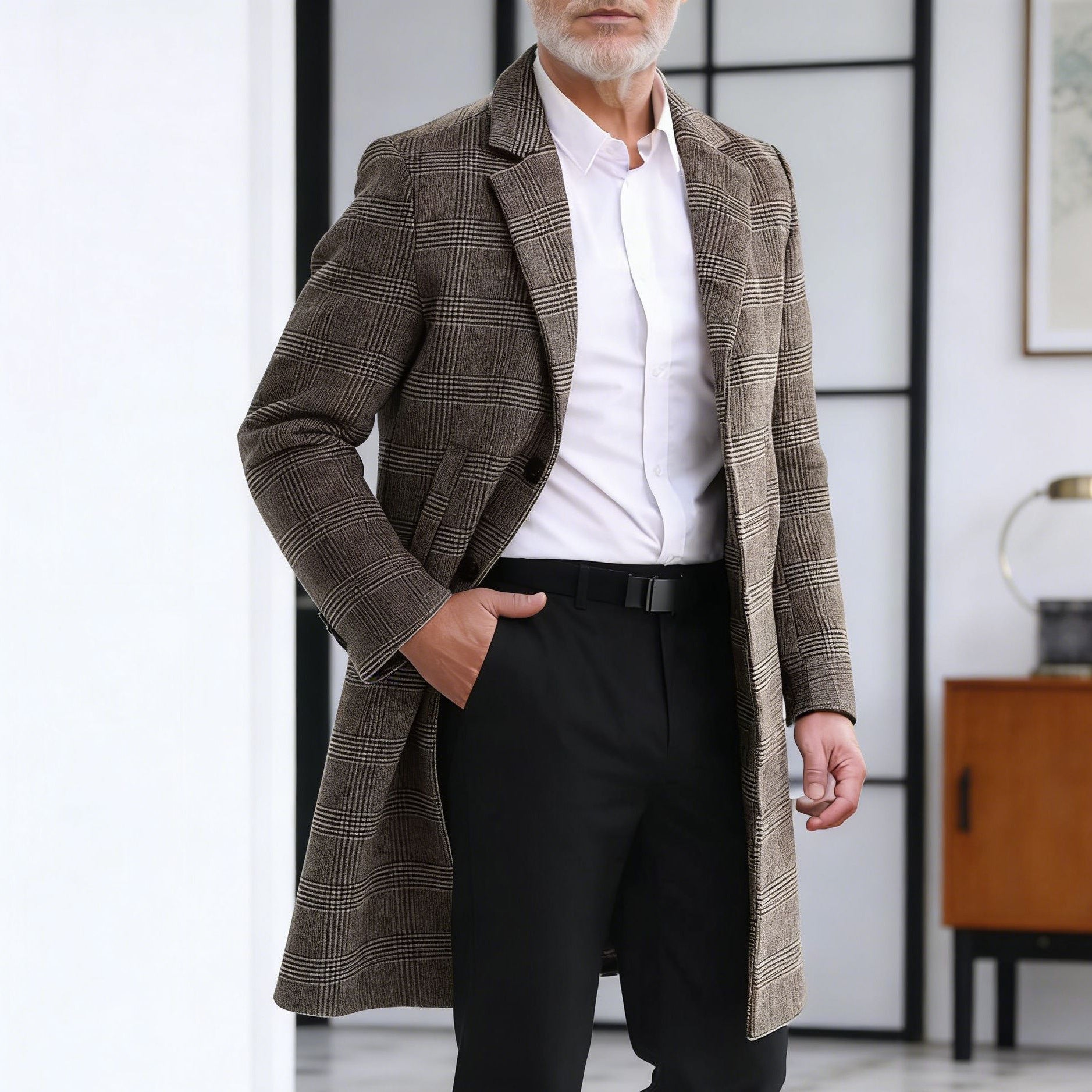 Herren Wollblendmantel im Glencheck mit schlanker langer Silhouette Chichicherry
