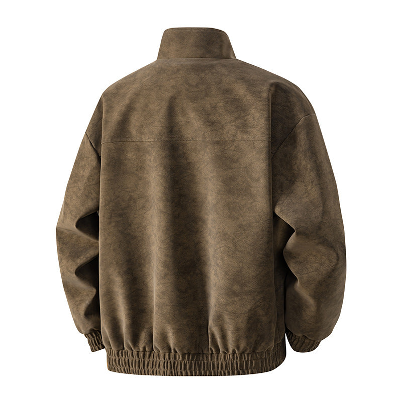 Men's Suede-Look Bomber Jacket with Stand-Up Collar, Zipper and Elastic Hem Chichicherry