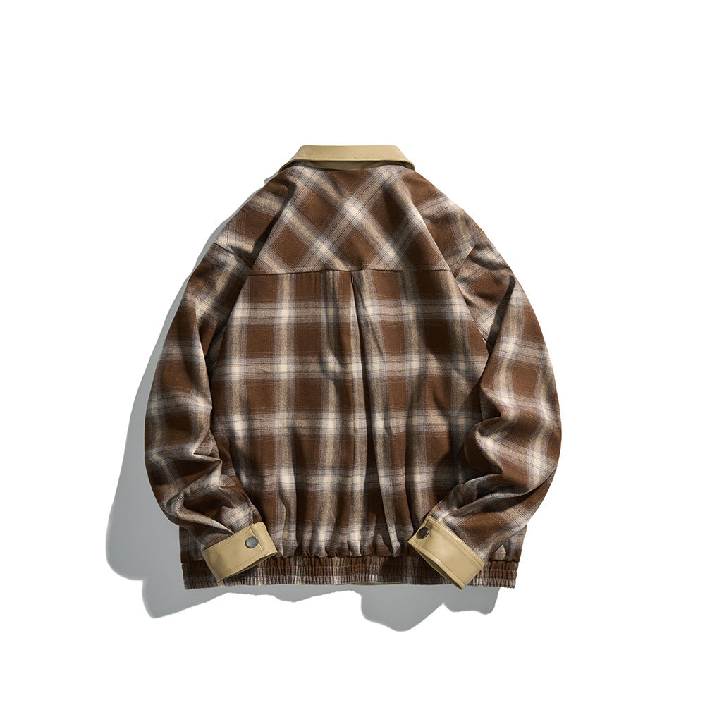 Men's Checkered Overshirt Jacket made of Flannel with Faux Leather Details and Snap Button Placket Chichicherry