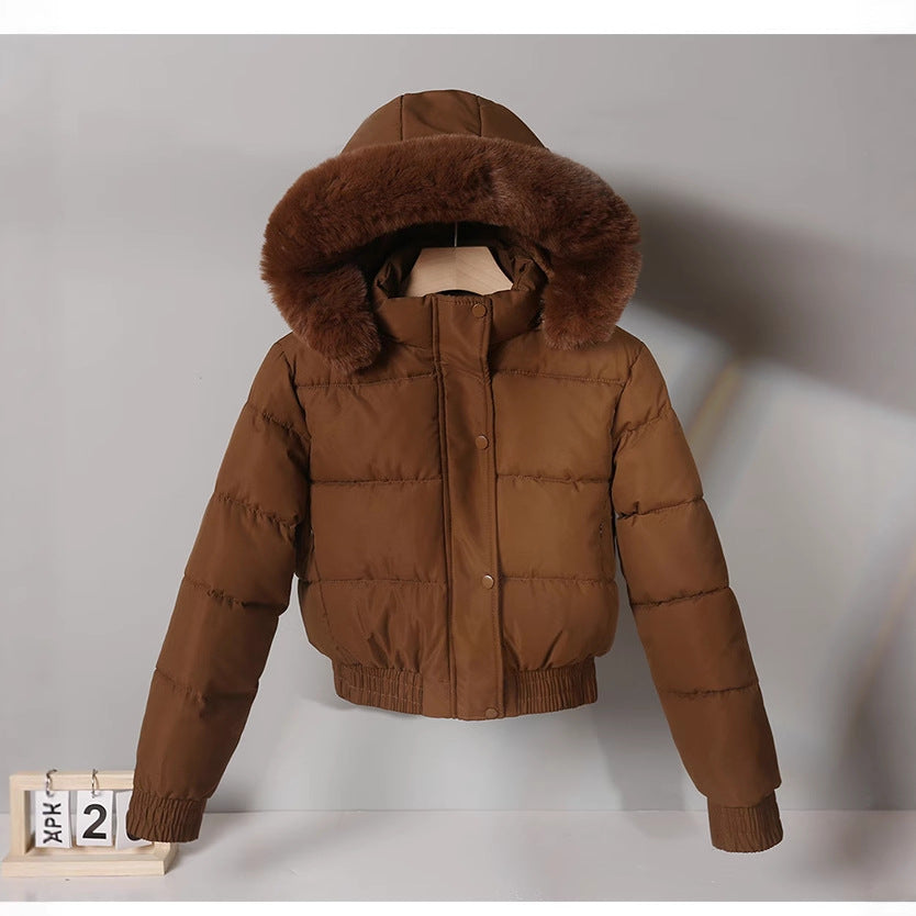 Ladies' short padded hooded jacket with faux fur trim, elastic hem, and concealed zipper Chichicherry