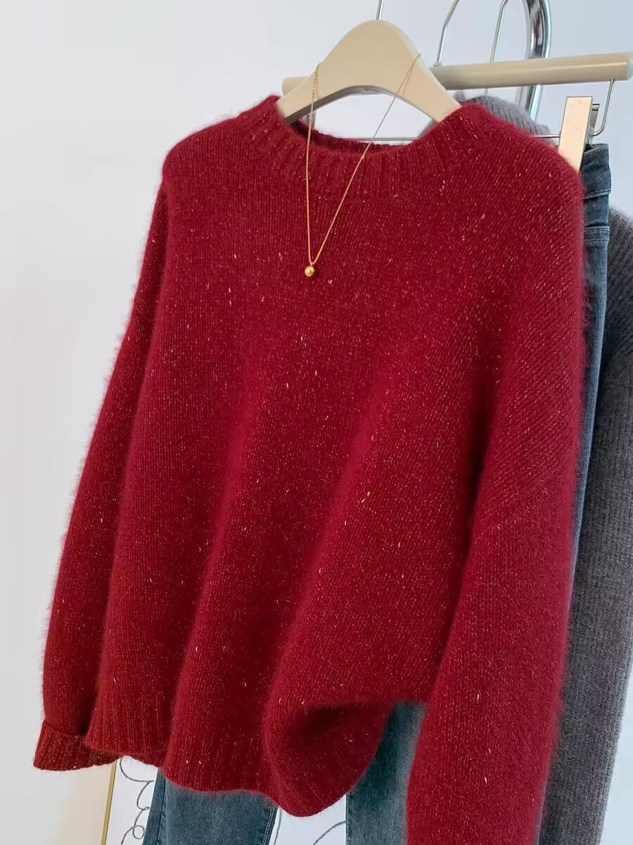 Women's Cozy Oversized Pullover in Mohair Look with Round Neck and Subtle Glitter Effect Chichicherry
