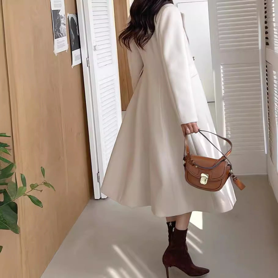 Women's Mid-length tailored A-line wool blend coat with flared skirt and golden decorative buttons Chichicherry