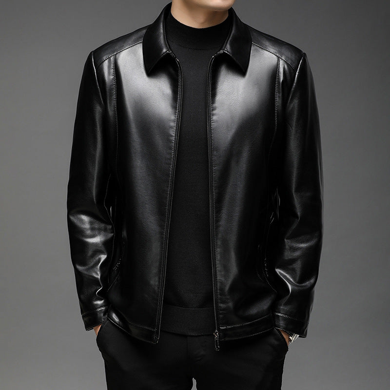 Men's Smooth Faux Leather Zip Jacket in Shirt Collar Style with Minimalist Seam Design Chichicherry