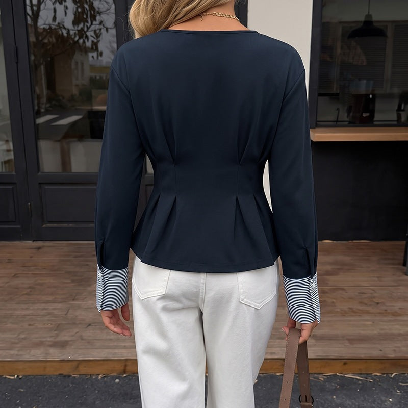 Women's Tailored Peplum Top with Pleats, Round Neckline and Contrast Cuffs Chichicherry
