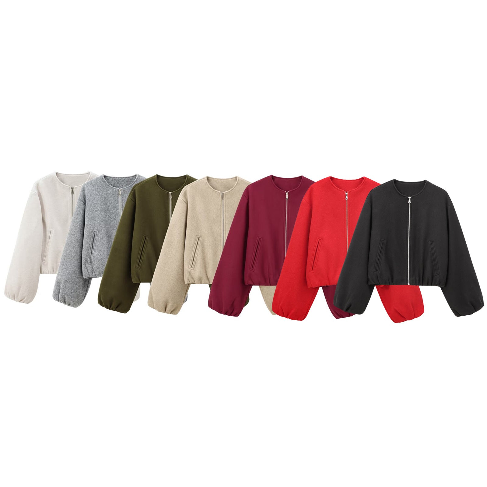 Women's Short Wool Blend Bomber with Round Neck, Zipper and Elastic Hem Chichicherry