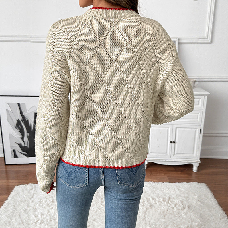 Women Loose Openwork Knit Sweater with Fish Intarsia and Contrast Collar Chichicherry