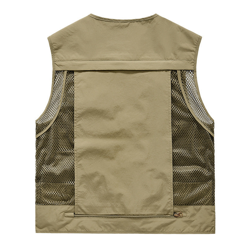 Men's utility vest with multi-functional pockets, mesh ventilation, and zip closure