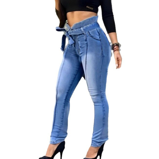 Women High-Waisted Paperbag Skinny Jeans with Ties and Vertical Seam Guidance Chichicherry