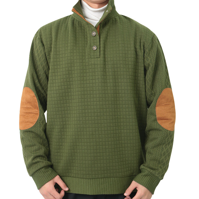 Men's waffle knit half-zip sweater with stand-up collar, leather accents, and elbow patches Chichicherry