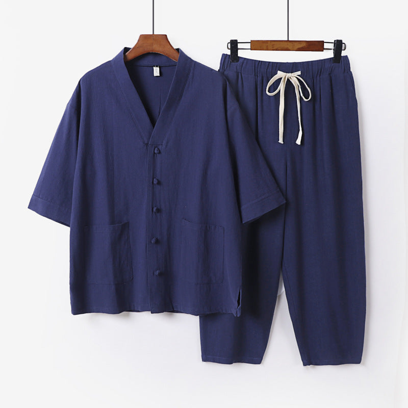 Unisex Lightweight Kimono Lounge Set made of Cotton-Linen with Short Sleeve Jacket and Drawstring Pants Chichicherry