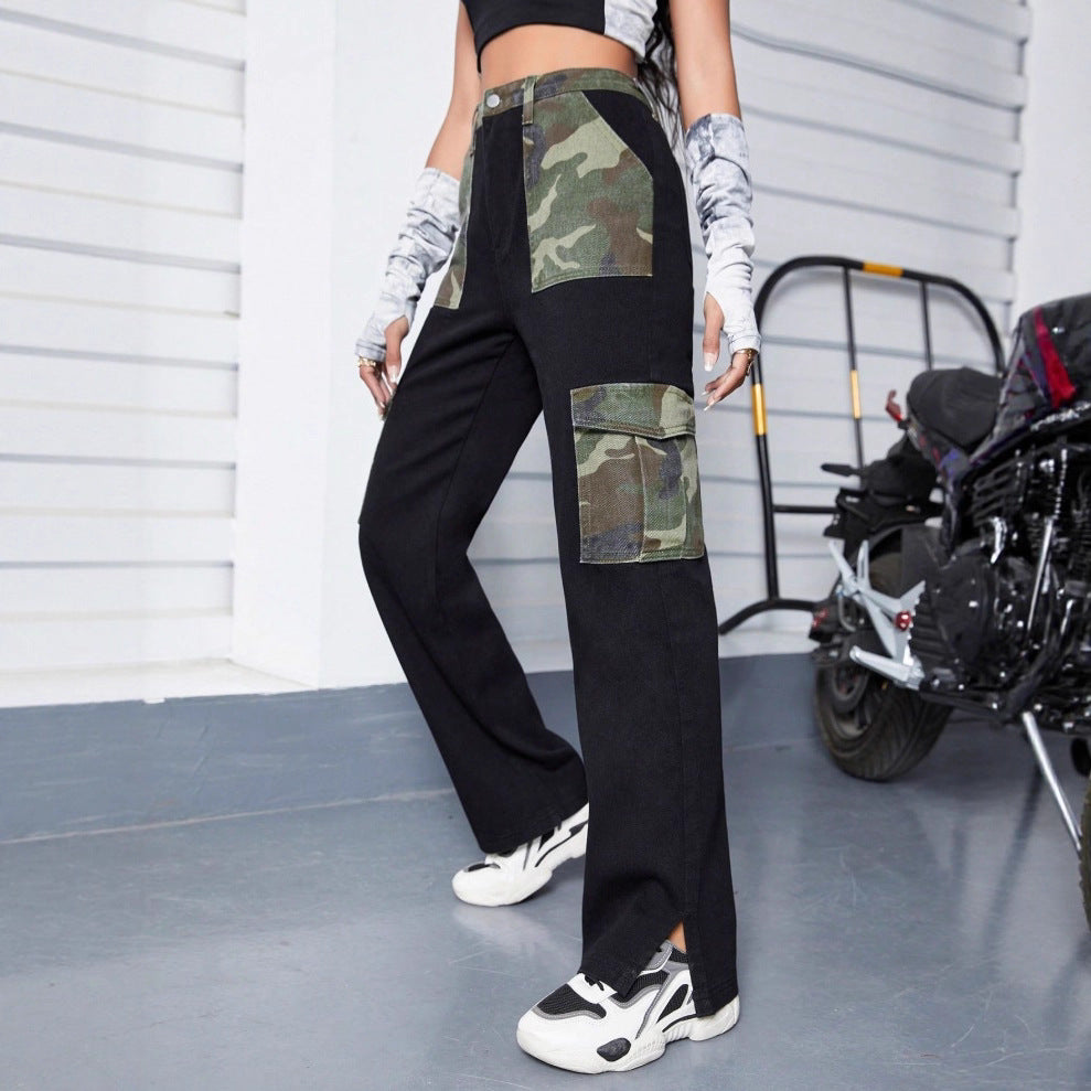 Ladies High-Waist Cargo Jeans with Camouflage Inserts and Wide Leg Chichicherry