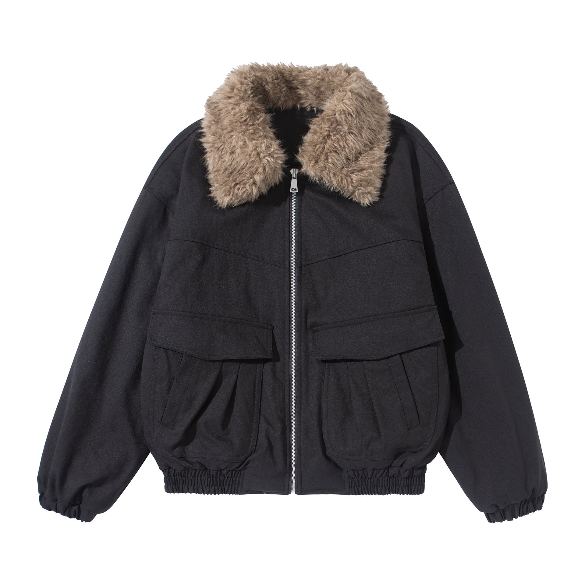 Women's short jacket with voluminous faux fur collar, kangaroo pockets, and elastic hem Chichicherry