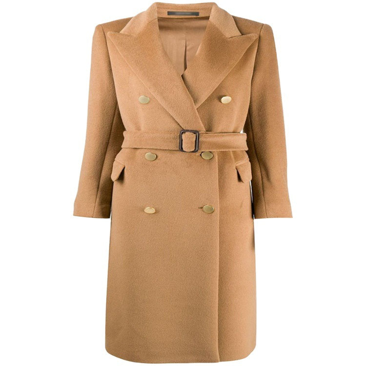 Women's mid-length noble wool blend coat in double-breasted style with contoured waist belt Chichicherry