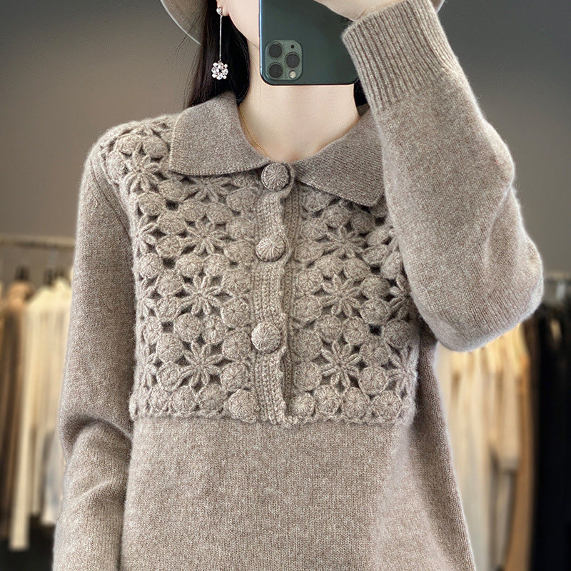 Ladies knitted pullover with crocheted lace edge and polo collar Chichicherry
