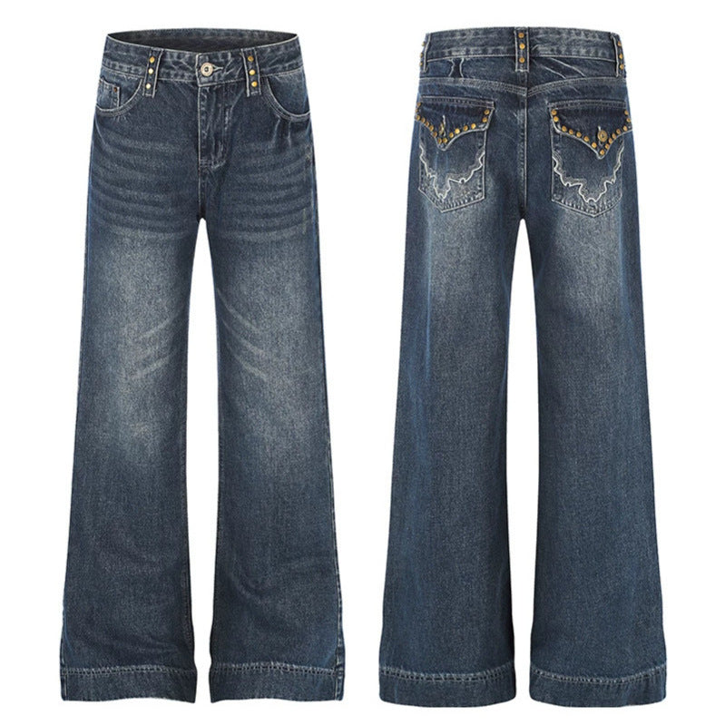 Women's Wide High-Waist Denim Palazzo Jeans with Wide Legs and Vintage Wash Chichicherry