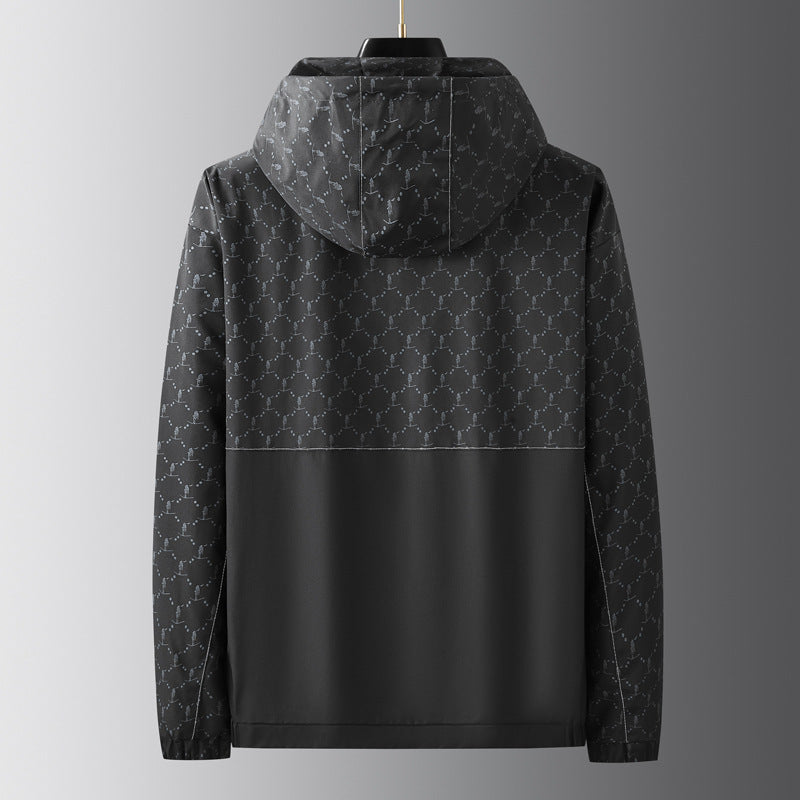 Men's Light Water-Repellent Hooded Outdoor Jacket with Allover Pattern and Large Pockets Chichicherry