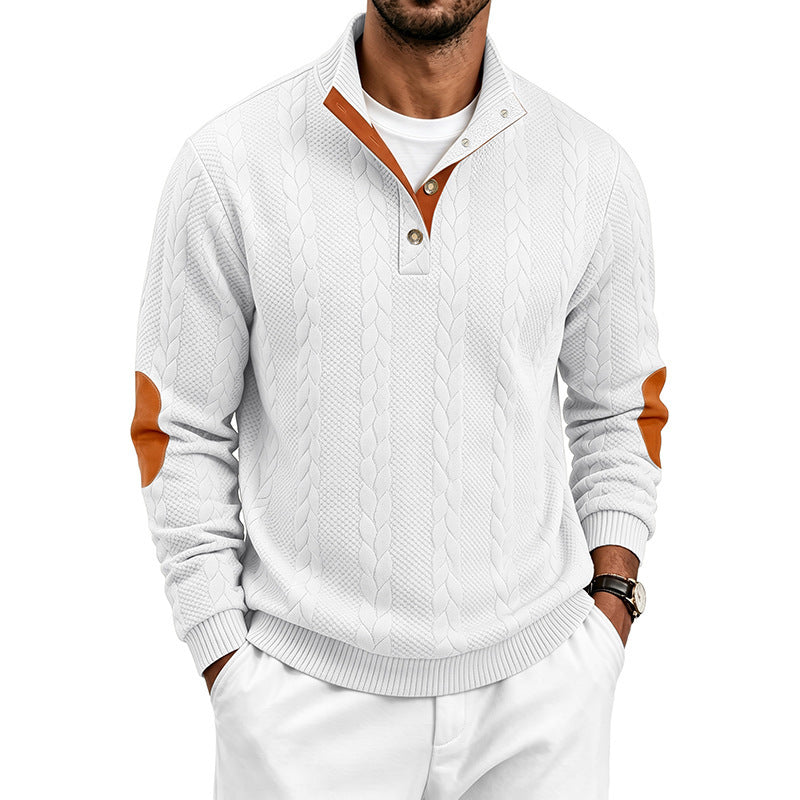 Men's Noble Cable Knit Sweater with Short Button Placket and Elbow Patches Chichicherry