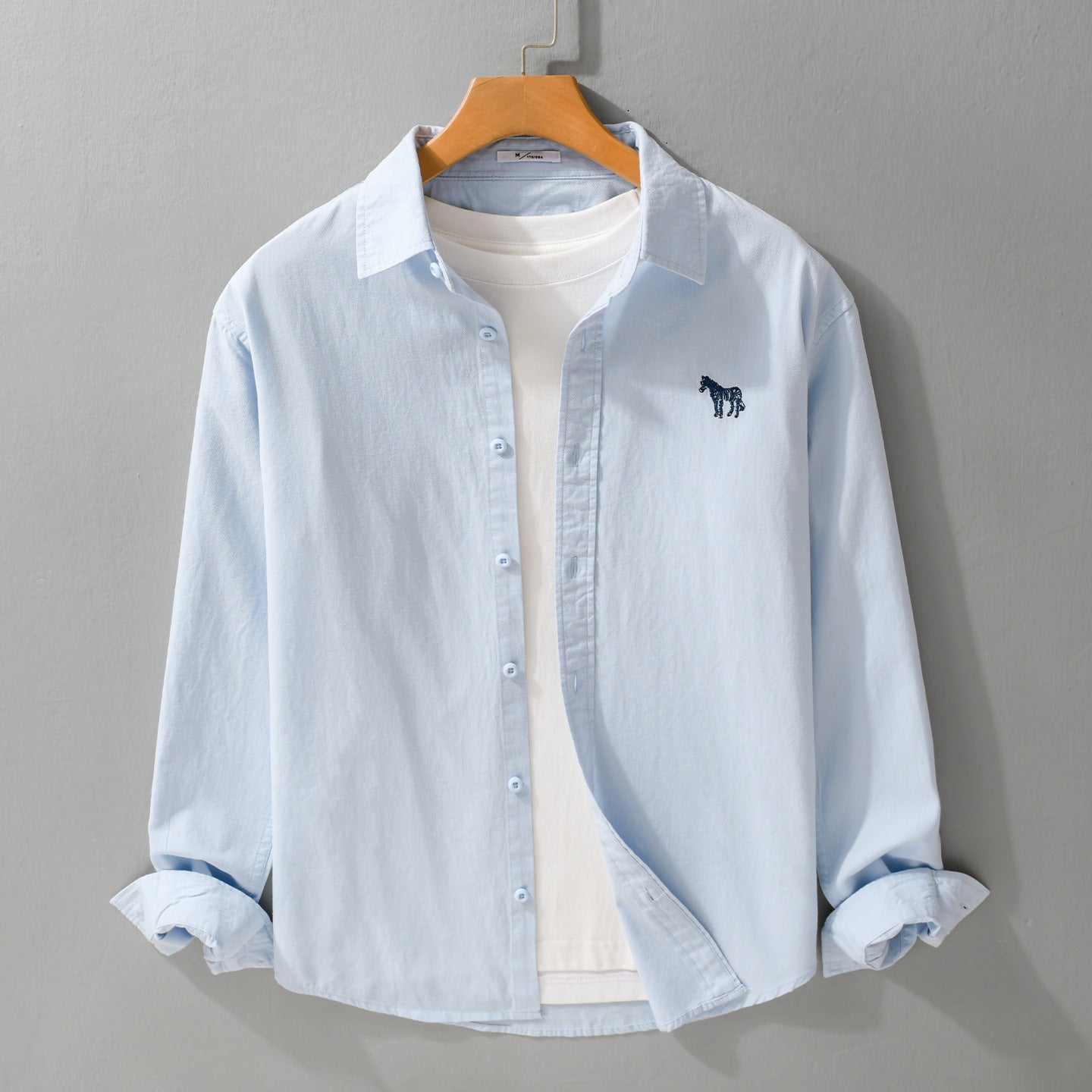 Men's Cotton Oxford Shirt Jacket in Layering Style with Subtle Zebra Embroidery and Kent Collar Chichicherry