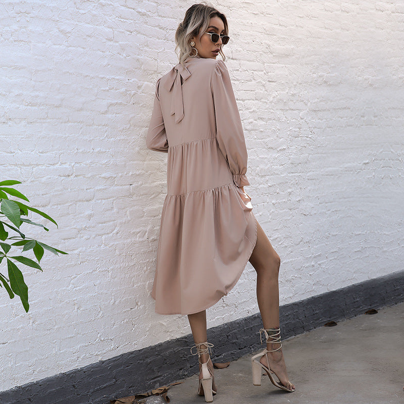Ladies' asymmetrical tiered dress with standing collar and gathered waist Chichicherry