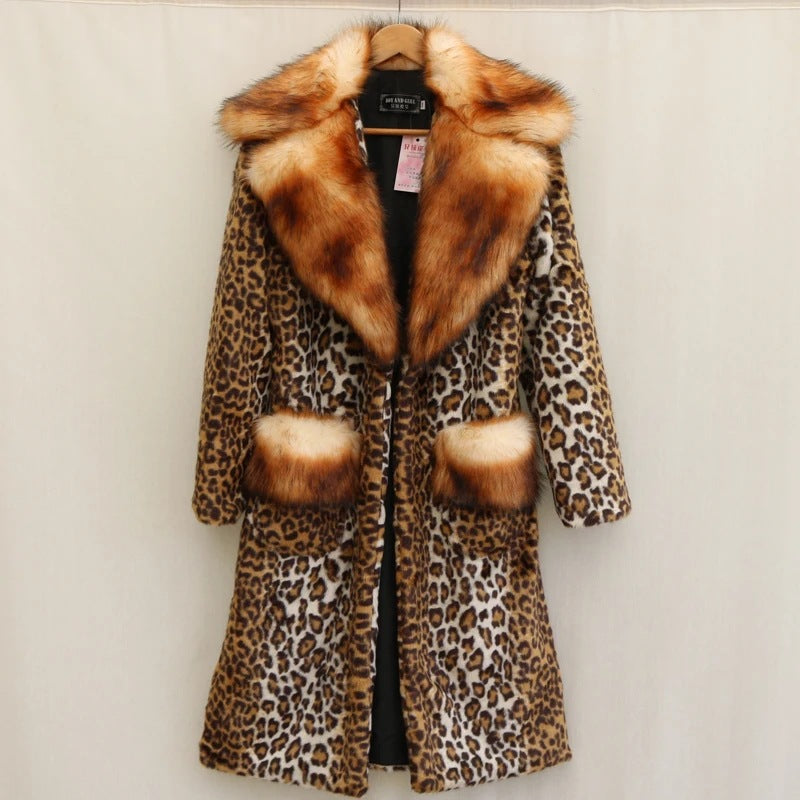 Women’s Longer Faux Fur Coat in Leopard Print with Large Fur Collar and Pocket Trim Chichicherry